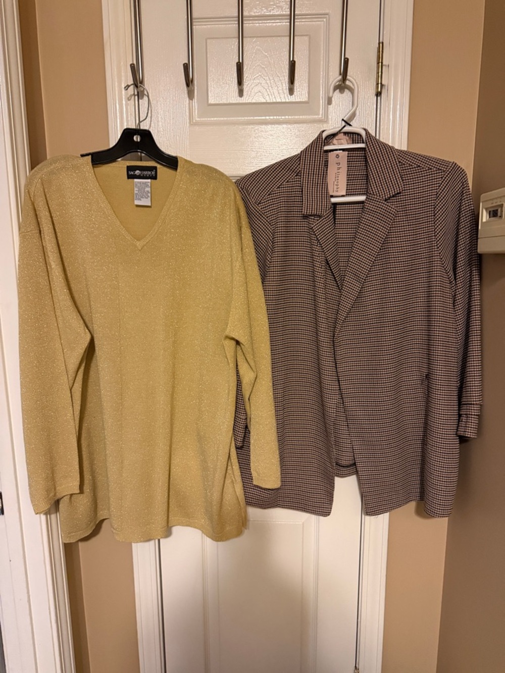 Sag Harbor Gold V-Neck Sweater and Philosophy brown plaid overpiece jacket